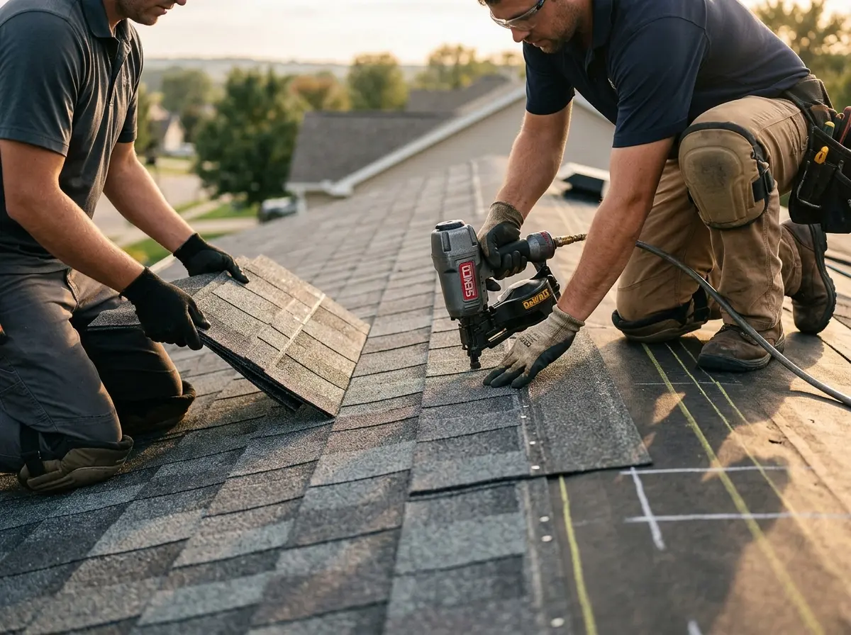 Professional roofer working on a residential roof in Green Oak